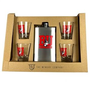 BU Boston University 8oz. Stainless Steel Flask & Four 2oz. Shot Glass Set
